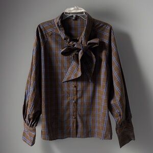 NWT Halogen Women's Blue/Brown Plaid T-Shirt V-Neck, Tie Front, Button-Up, XL